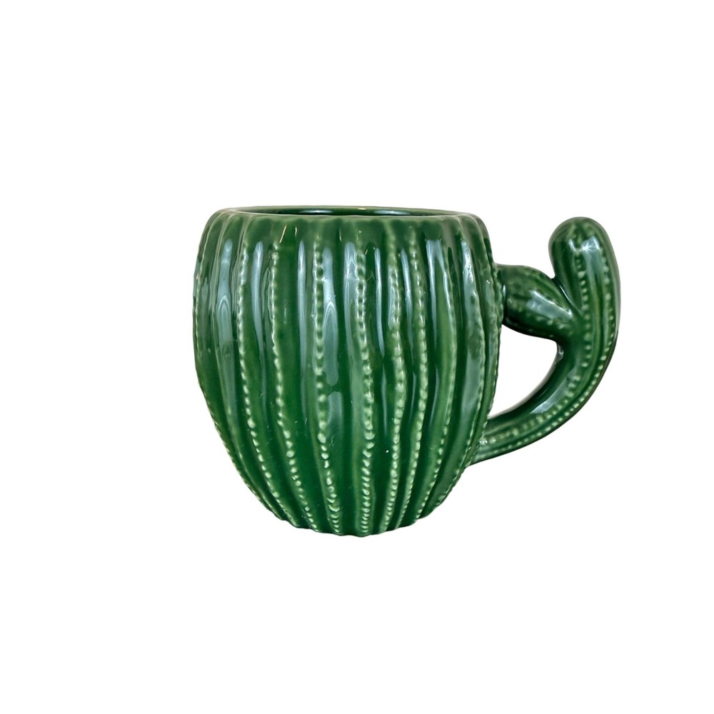 VTG World Market Green Barrel Shaped‎ Cactus Ceramic Mug 3 7/8" Tall EUC!